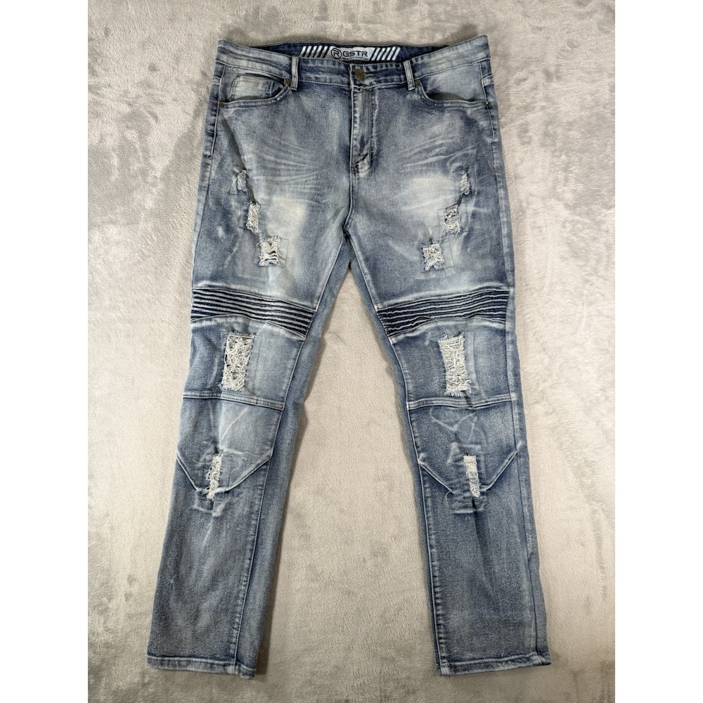 G Star Raw Jeans Mens 38x29 Blue Denim Moto Distressed Ripped Skater Biker Y2K